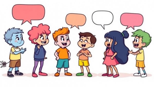 Colorful cartoon figures discussing with speech bubbles, vibrant and engaging.