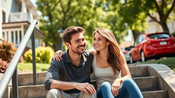 Young couple enjoying a sunny day in a Texas suburban neighborhood, representing a Texas family immigration story.