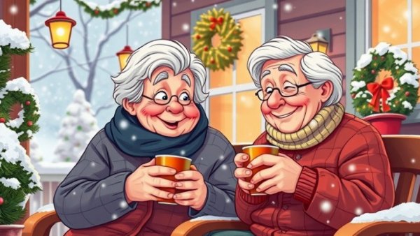 Elderly couple enjoying drinks on snowy porch, listening to aging parents