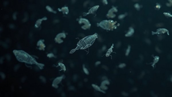 Close-up shot of zooplankton in dark water, zooplankton climate change.