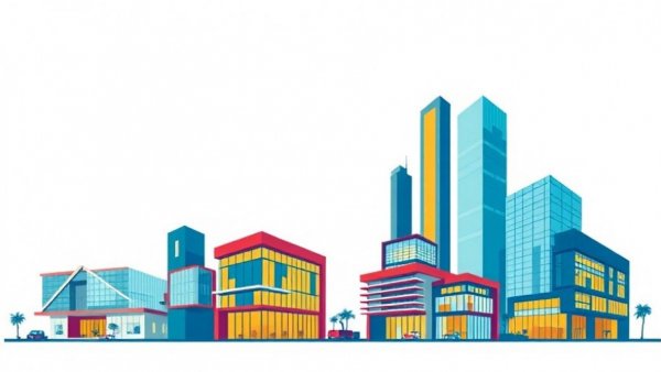 Architectural logo with diverse building designs for Planning and Construction Advisory Services.