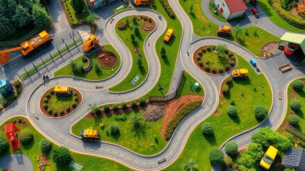 Aerial view of Dig World expansion with Caterpillar and Dude Perfect, amusement park layout.