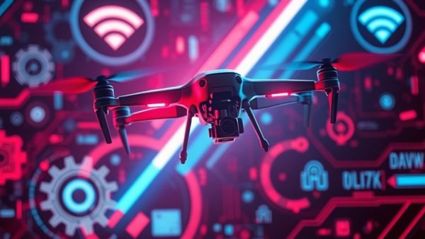 Futuristic digital art of drone warfare with neon elements