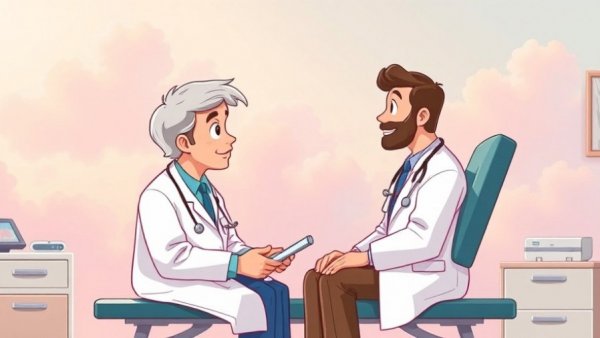 Empathy in Healing: Doctor and patient in a serene, pastel-colored setting.