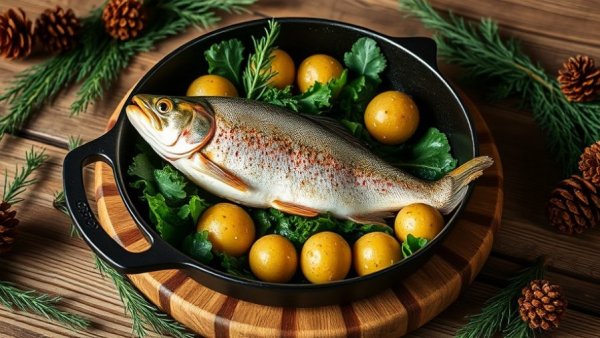 Pine Needle Trout Recipe with potatoes and kale in a skillet.