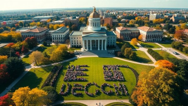 Aerial view of a university campus with students forming letters, top stories that defined Dallas city life in 2025.