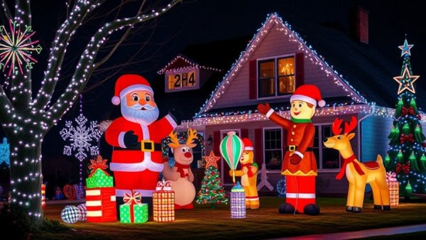 Dallas Christmas lights with colorful inflatables and festive decorations.