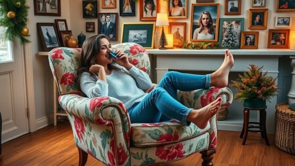 Woman enjoying holidays with cozy decor and gifts.