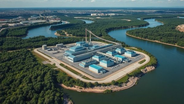 Aerial view of a lithium refining facility on a riverbank, showcasing industrial development with surrounding greenery and urban areas.