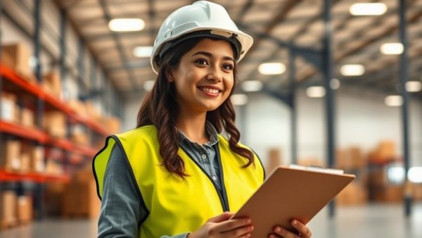 Young woman in safety gear in a warehouse for warehouse safety solutions