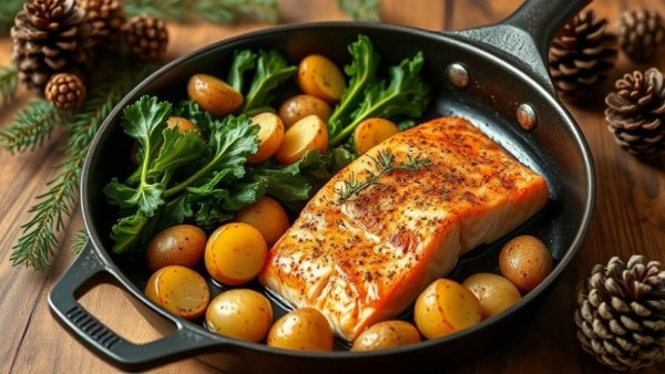 Delicious skillet meal with salmon, potatoes, and kale highlighting evergreen herbs benefits.