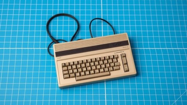 Vintage Commodore 64 Ultimate Review: classic computer on checkered blue.