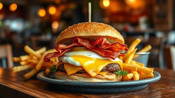 Gourmet burger with fries, cozy New Year’s Eve dining in Fort Worth.