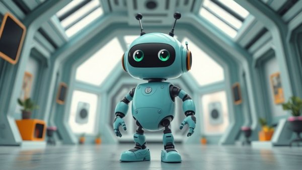 Cute teal robot in a futuristic setting, hidden smart TV features