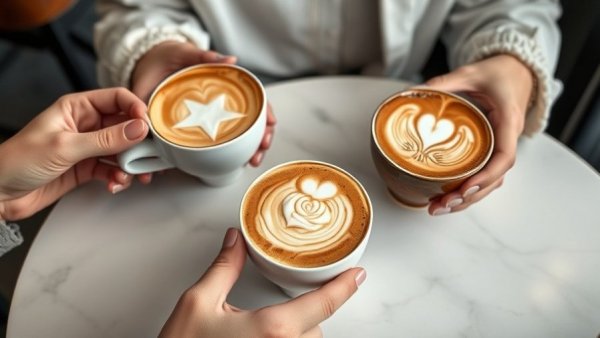 Artistic lattes at Café Dior Dallas with star, rose, bee designs.