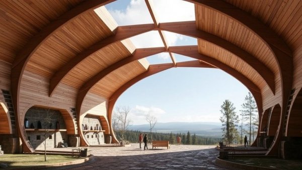 Earth-clad timber arches shape scenic new pavilion