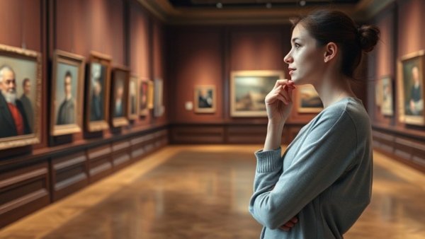 Art gallery stress reduction with a young woman appreciating art.