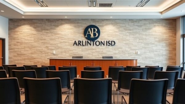 Arlington ISD boardroom during First Amendment lawsuit, empty chairs.