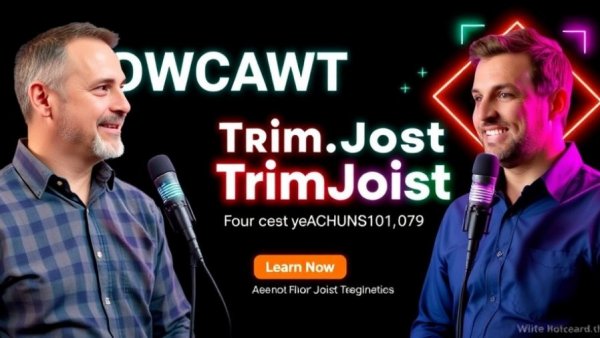 TrimJoist floor joist podcast announcement with speakers and graphics.