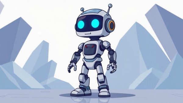 Cartoon robot with geometric shapes in a futuristic scene.