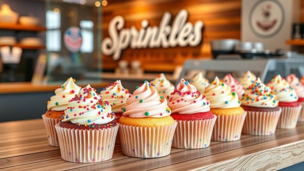 Sprinkles Cupcakes variety on display at bakery counter.