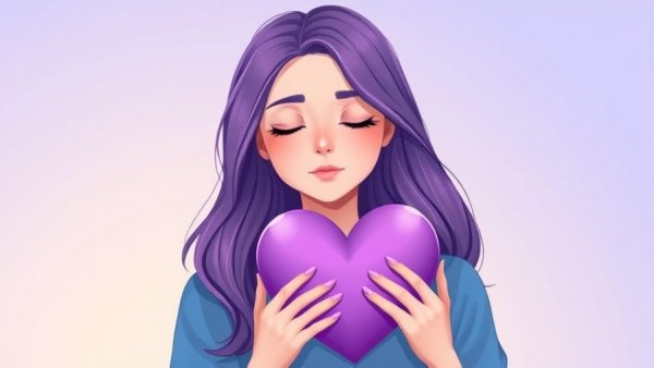 Serene illustration of woman embracing a purple heart, symbolizing self-acceptance.