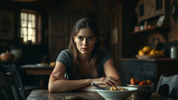 Best Lead Performances of 2025: young woman with intense look in rustic kitchen.