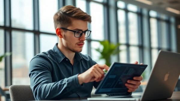 Focused professional analyzing data on laptop for ANSI/ASSP Z16.1 safety standard compliance.