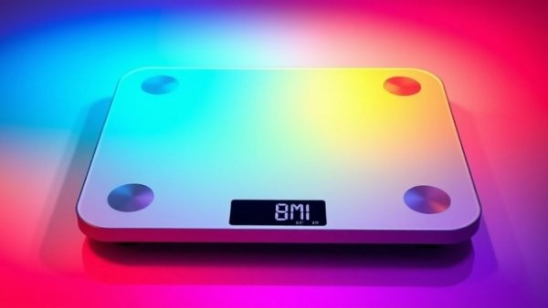 Sleek smart scale displaying BMI on vibrant gradient background.