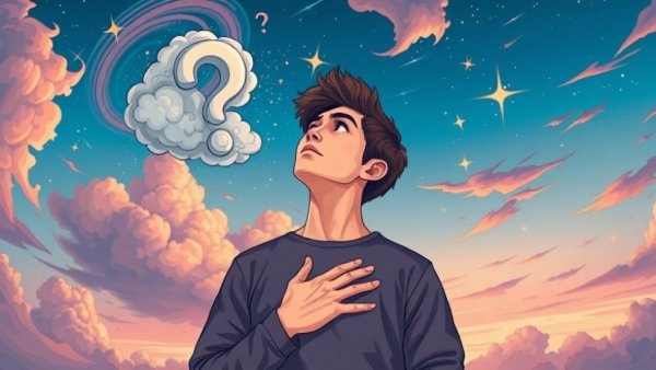 Finding peace in uncertainty: young man looks up at cloud question mark.