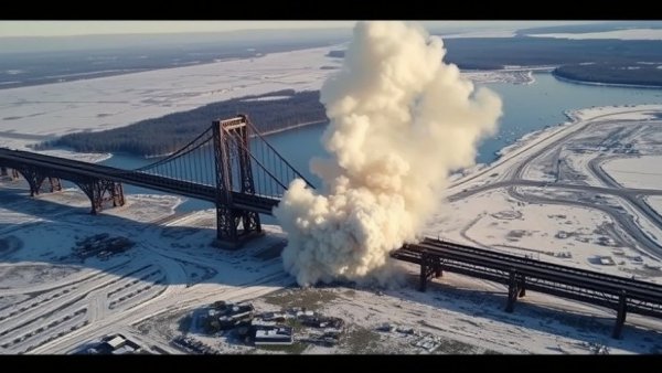 Mississippi River Bridge implosion sequence over icy river landscape.