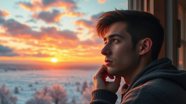Contemplative man watches sunset, symbolic of love and worth, in cozy room.
