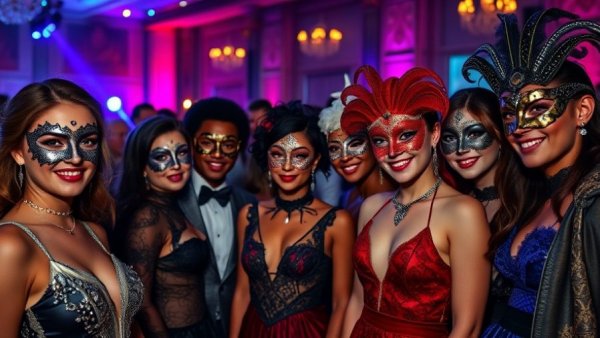 Gala attendees in elegant masquerade costumes at TACA Masquerade Gala Dallas.