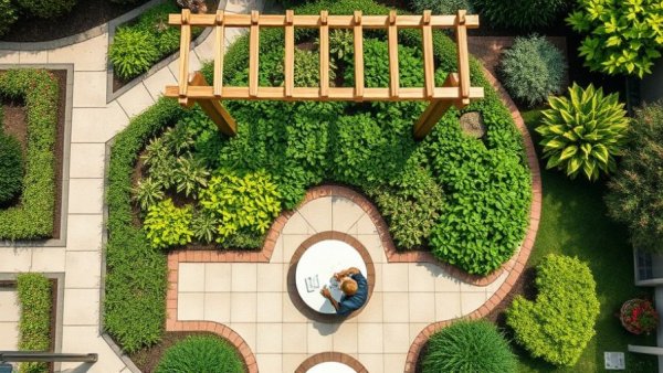 Aerial view of Southern Botanical landscaping with a trellis and tables.