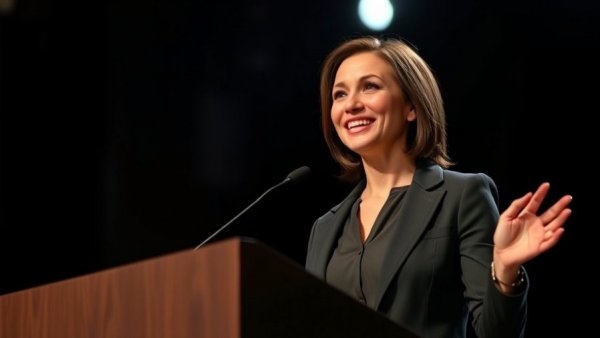 Confident woman addressing an audience to prevent construction litigation.