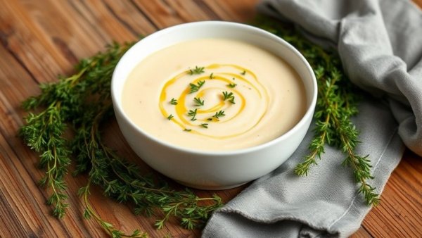 Cauliflower Bisque with Lemon Thyme Oil served elegantly on a wooden table.