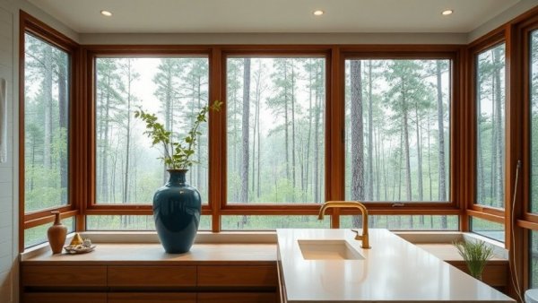 Elegant bathroom with large windows and blue vase for easy veggie nutrition.