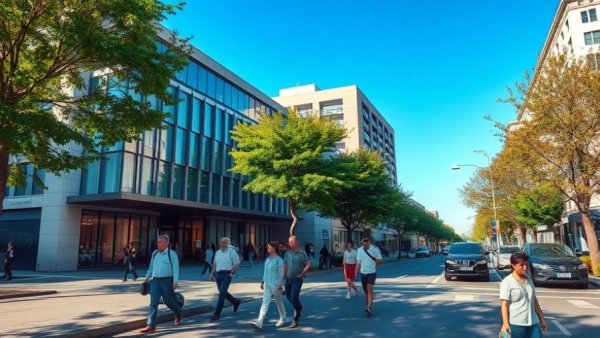 Modern building with people walking, related to Swinerton executive changes.