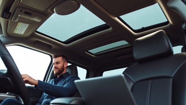 Modern interior of 2026 Ford F-150 with two men using laptop.