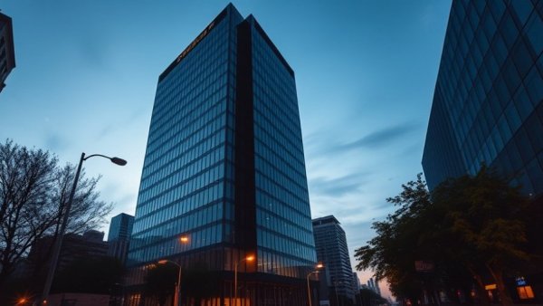 Tall office building at twilight in city, Jacobs acquisition of PA Consulting.