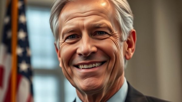 Professional portrait of a smiling older man, American flag background.