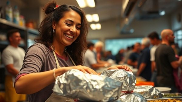 Fort Worth Community Collaborative food assistance setup with woman organizing meals.