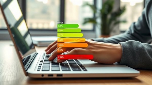 IEA Energy Efficiency 2025: Hands on laptop with energy rating chart overlay.