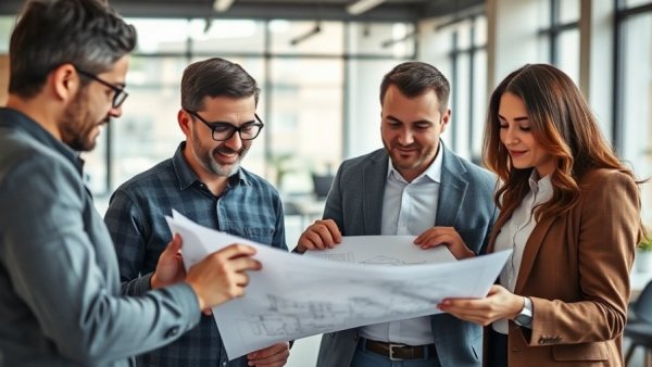 Collaborative architectural planning with blueprints in LA office.