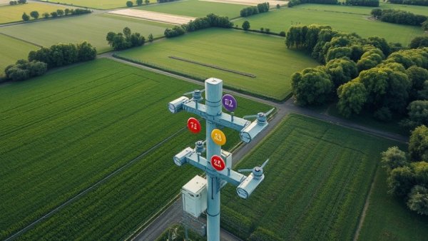 Aerial view of utility pole with asset data markers, Utility Asset Data