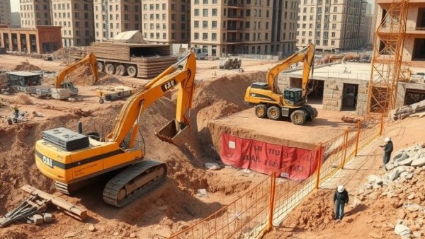 NYC construction site with machinery and workers, emphasizing excavation.