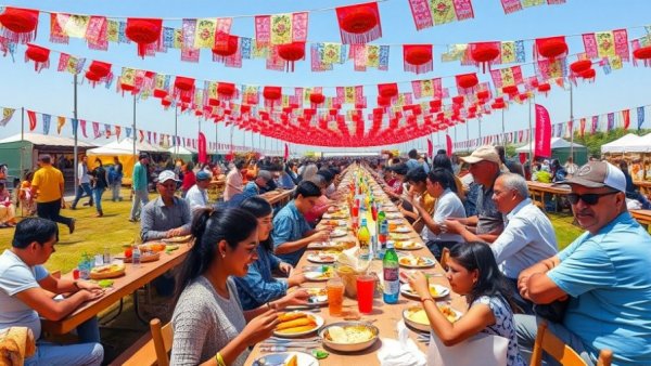 Unusual food festivals with outdoor communal dining and vibrant banners.