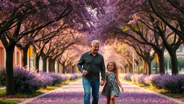 Father and daughter walking under a canopy of purple trees, reclaim your time and energy
