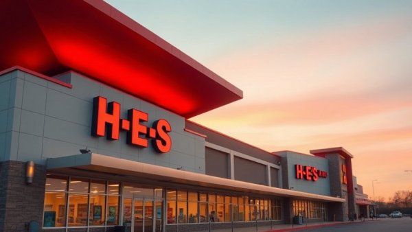 H-E-B supermarket in Carrollton with modern red roof at sunset.