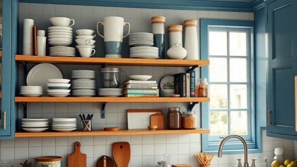 Designer-approved organization products in stylish kitchen shelves.